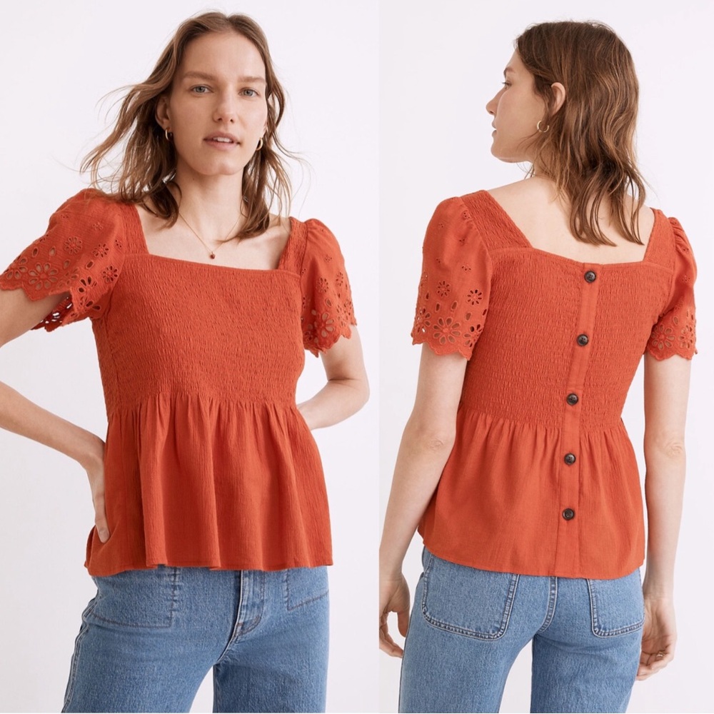 Madewell Eyelet Sleeve Lucie Smocked Peplum Top, Orange, Size XXS, Style #NE241 - Picture 2 of 10